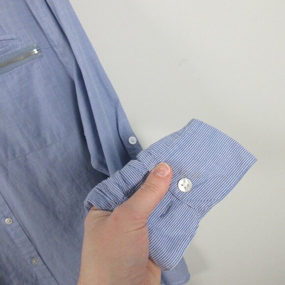 John Varvatos Button Up Shirt Men XXL Blue Micro Check Zipper Patch Pocket 194 - Picture 9 of 14